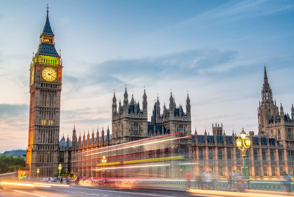 westminster palace bridge summer night london uk